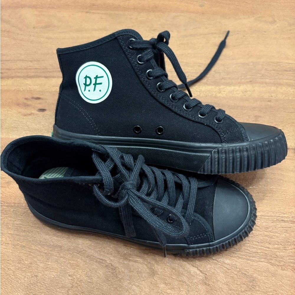P.F. Flyers Black High-Top Canvas Sneakers with Green Logo
